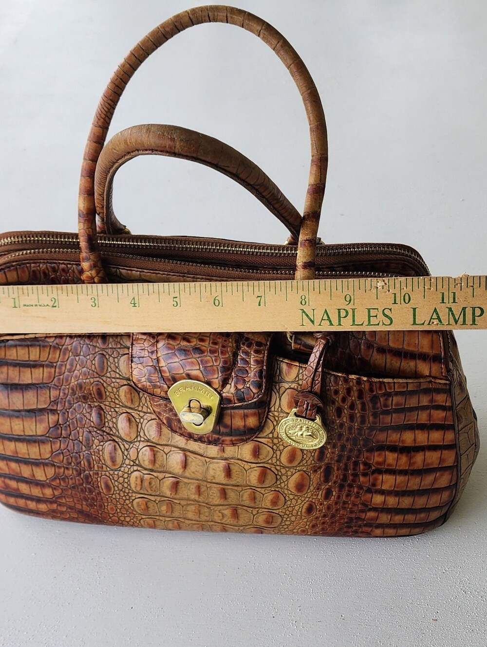 Brahmin Tan and Brown Crocodile-Embossed Satchel - Picture 14 of 15